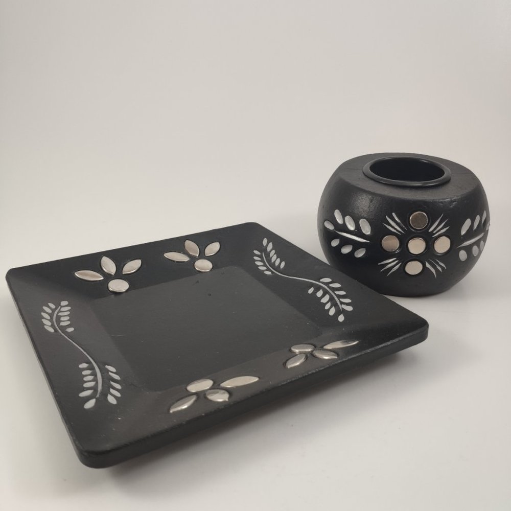 Wood Metal Inlay Trinket Tray Tealight Holder Set